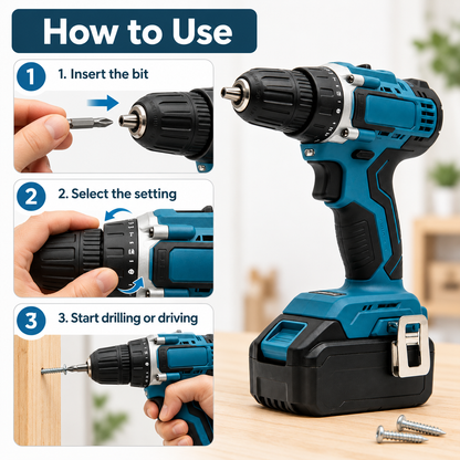Flexnows Cordless Drill Driver with Adjustable Torque Settings and Rechargeable Battery