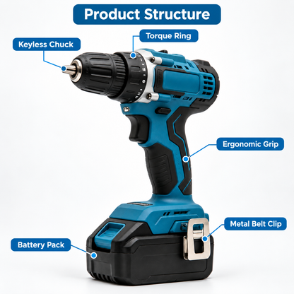 Flexnows Cordless Drill Driver with Adjustable Torque Settings and Rechargeable Battery