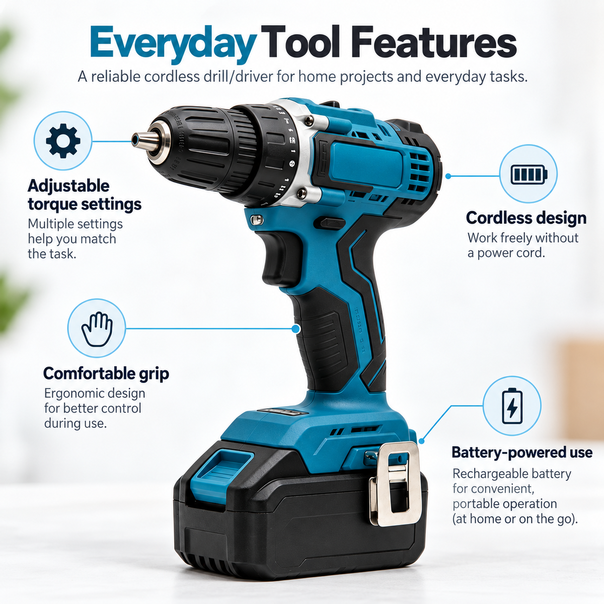 Flexnows Cordless Drill Driver with Adjustable Torque Settings and Rechargeable Battery