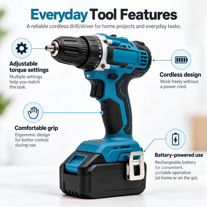 Flexnows Cordless Drill Driver with Adjustable Torque Settings and Rechargeable Battery