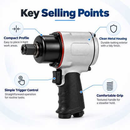 Flexnows Pneumatic Impact Wrench with Compact Design for Workshop and Automotive Maintenance Tasks