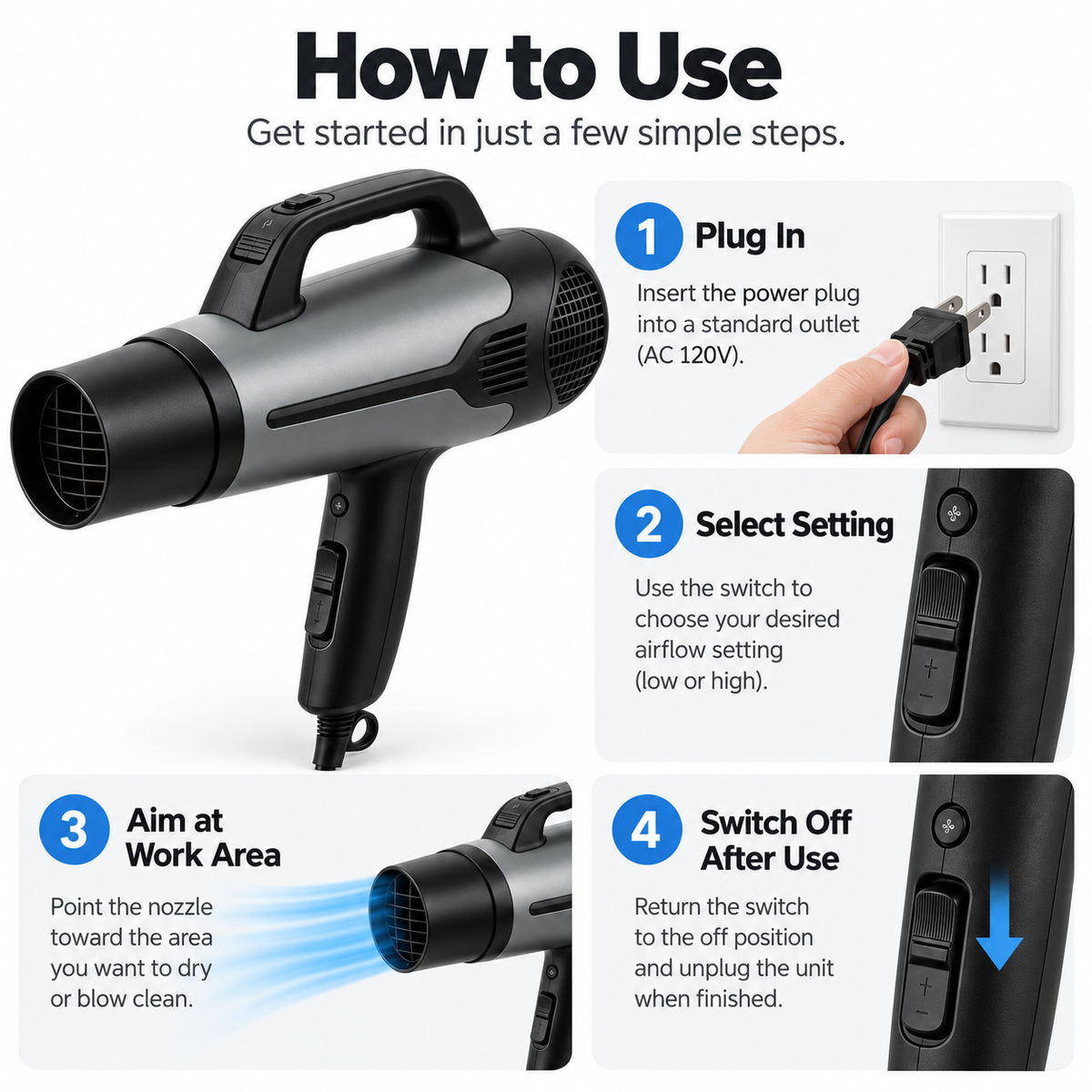 Flexnows Portable Handheld Air Blower with Adjustable Settings for Workshop and Everyday Tasks